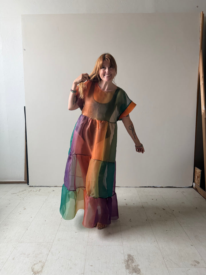 SUPER Prism Maxi Puff Dress in Sunset Organza