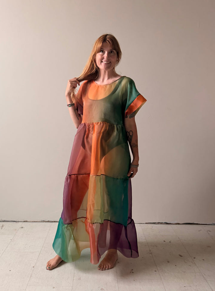 SUPER Prism Maxi Puff Dress in Sunset Organza