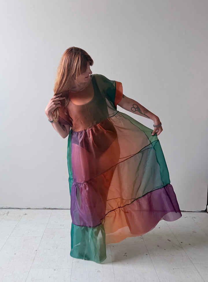 SUPER Prism Maxi Puff Dress in Sunset Organza