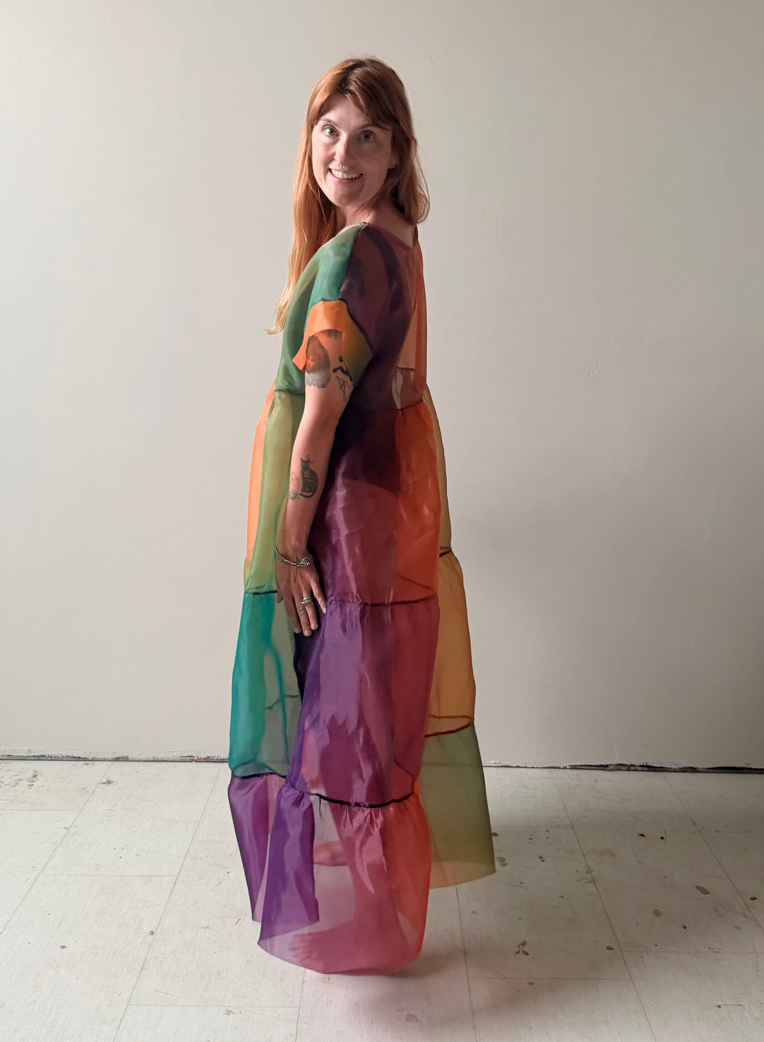 SUPER Prism Maxi Puff Dress in Sunset Organza