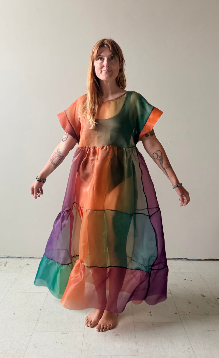SUPER Prism Maxi Puff Dress in Sunset Organza