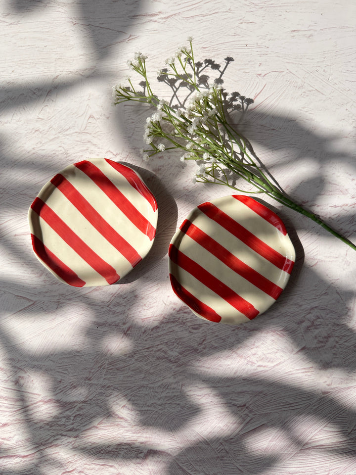 Ceramic Red stripe plate, 6.3x6.3 Inches (Set of 4)