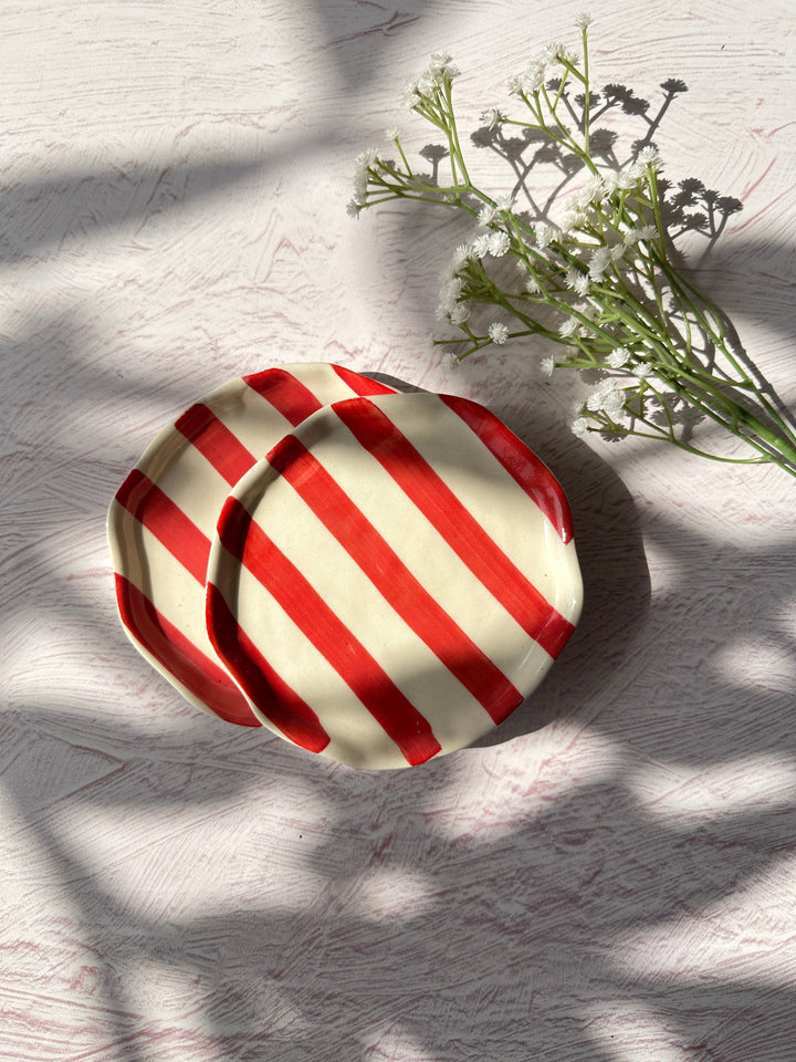 Ceramic Red stripe plate, 6.3x6.3 Inches (Set of 4)