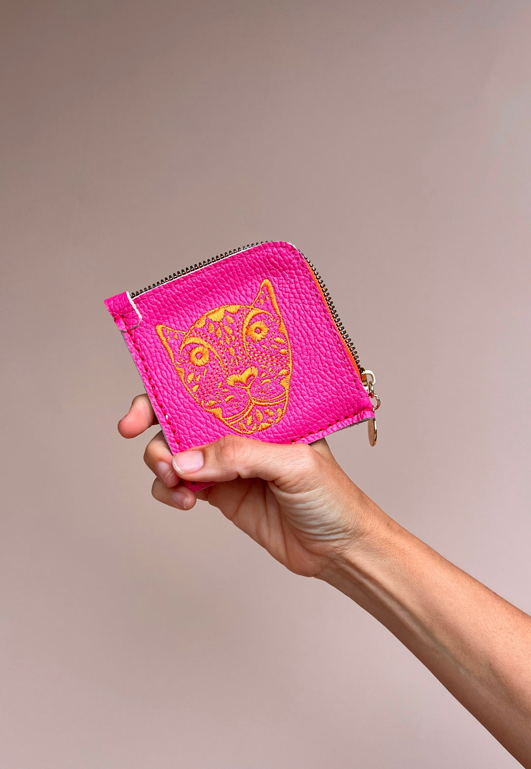 JAGUAR EMBROIDERED ZIP AROUND WALLET // HOT PINK WITH ORANGE