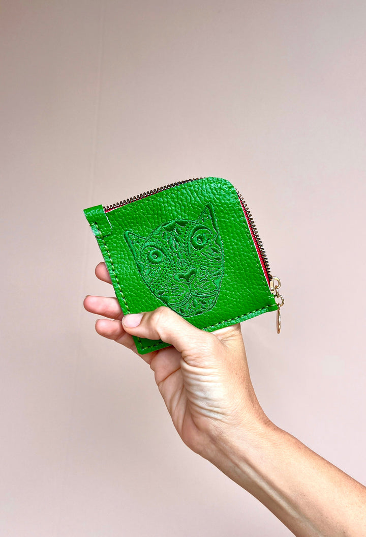 JAGUAR EMBROIDERED ZIP AROUND WALLET // GREEN