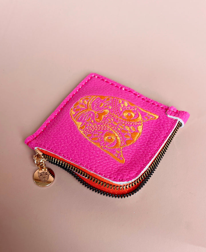 JAGUAR EMBROIDERED ZIP AROUND WALLET // HOT PINK WITH ORANGE