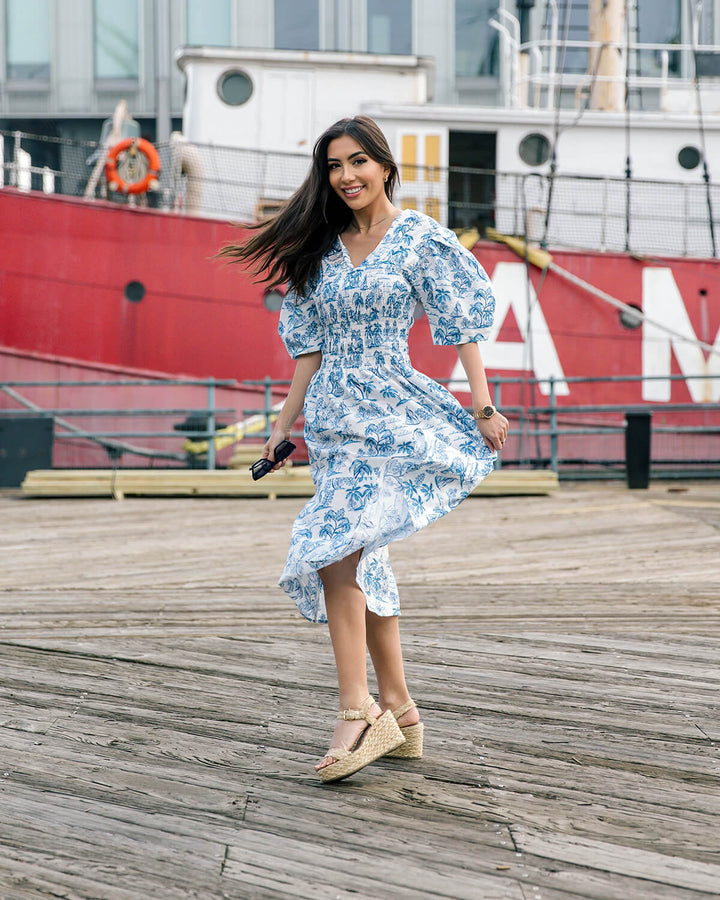 Leandra Blue Smocked V-Neck Midi Dress