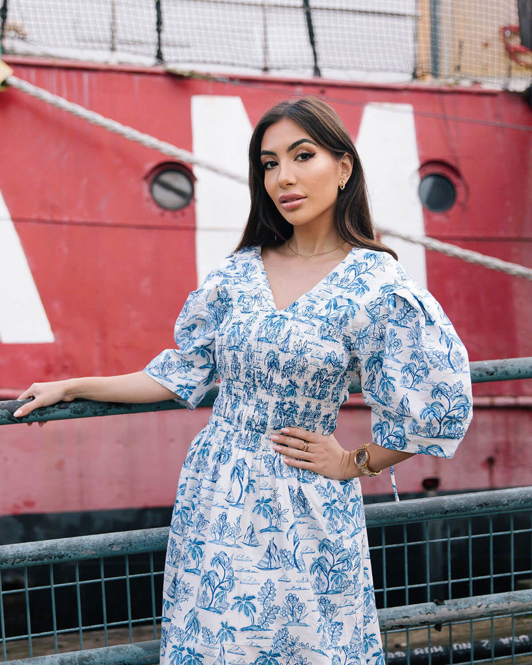 smocked v neck midi dress Leandra Blue Smocked V-Neck Midi Dress Altar PDX
