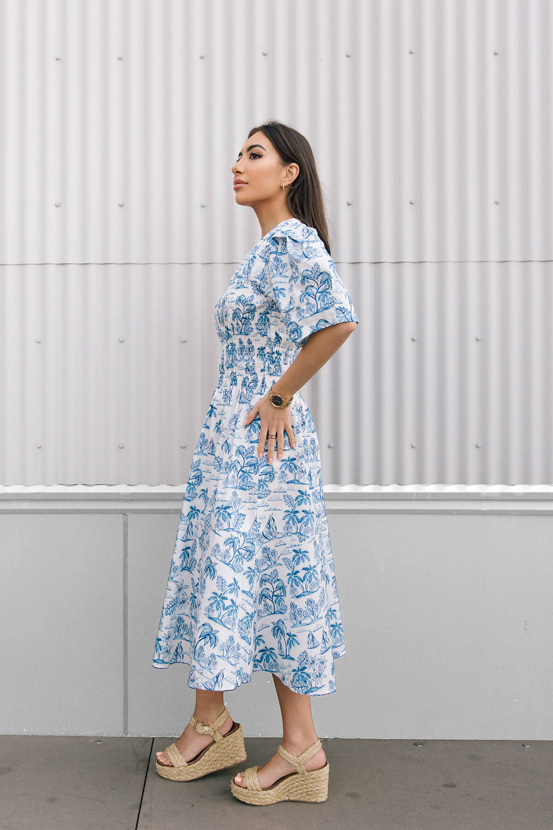 Leandra Blue Smocked V-Neck Midi Dress
