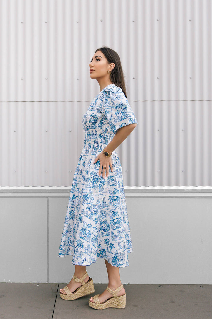 Leandra Blue Smocked V-Neck Midi Dress