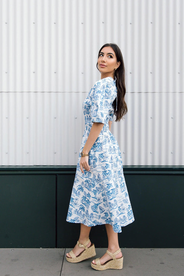 Leandra Blue Smocked V-Neck Midi Dress