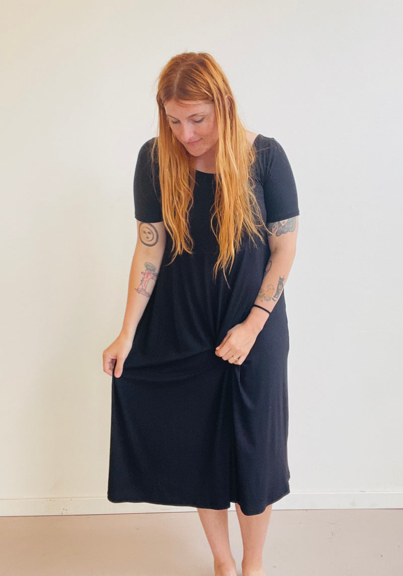 Megumi Dress in Black Ribknit Midi Sleeve