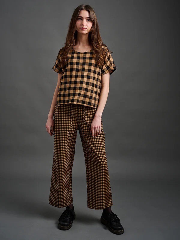 Emmy Drawstring Pant Black and Tan Small Gingham