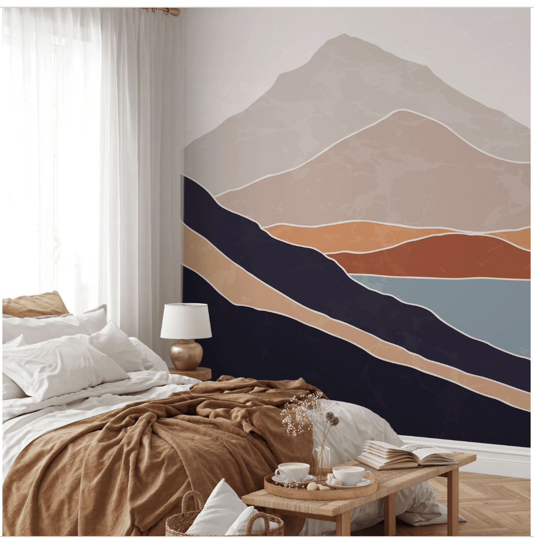 Abstract Wallpaper with a Minimal Landscape in Terracotta, Navy, and Beige - B950