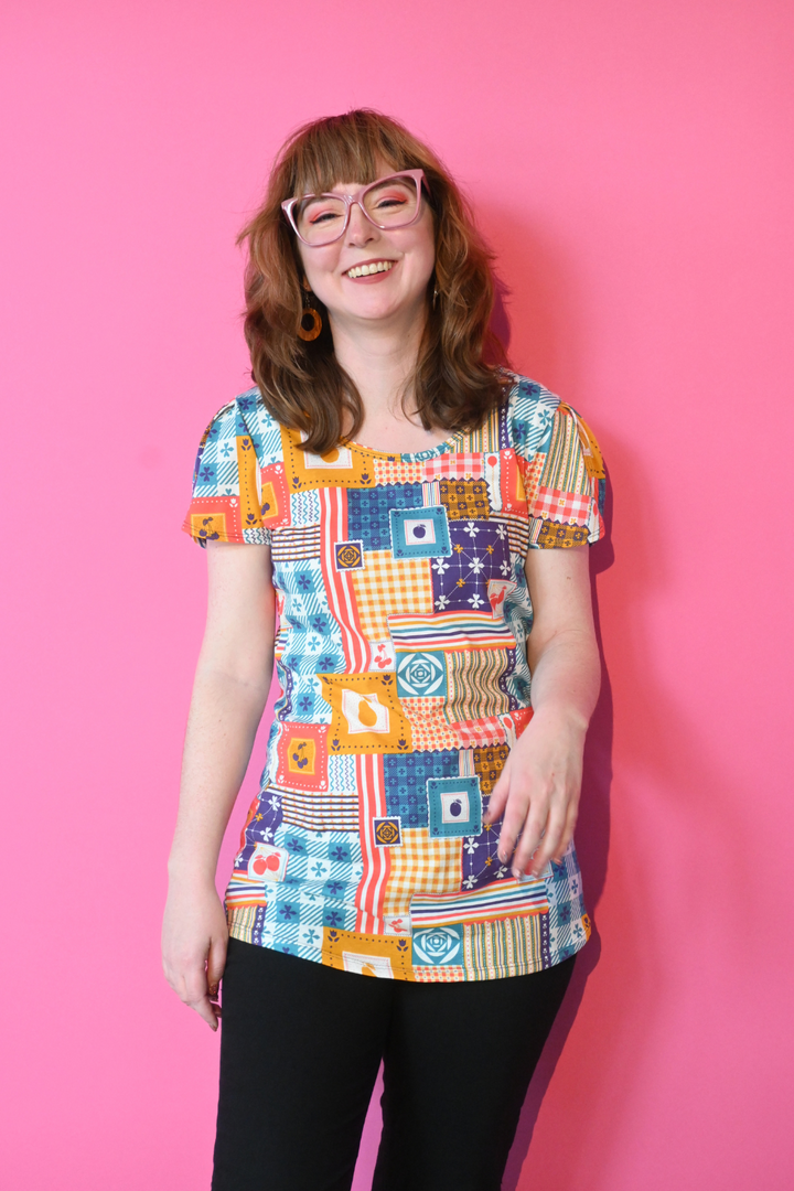 Patchwork Tulip Sleeve Tee in Periwinkle