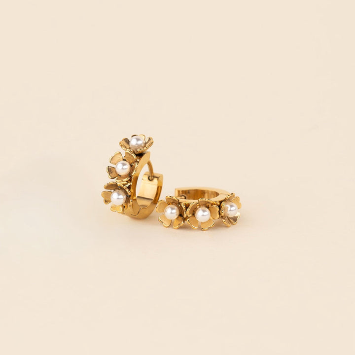 Pearl Flower Chunky 3D Huggie Hoop Earrings