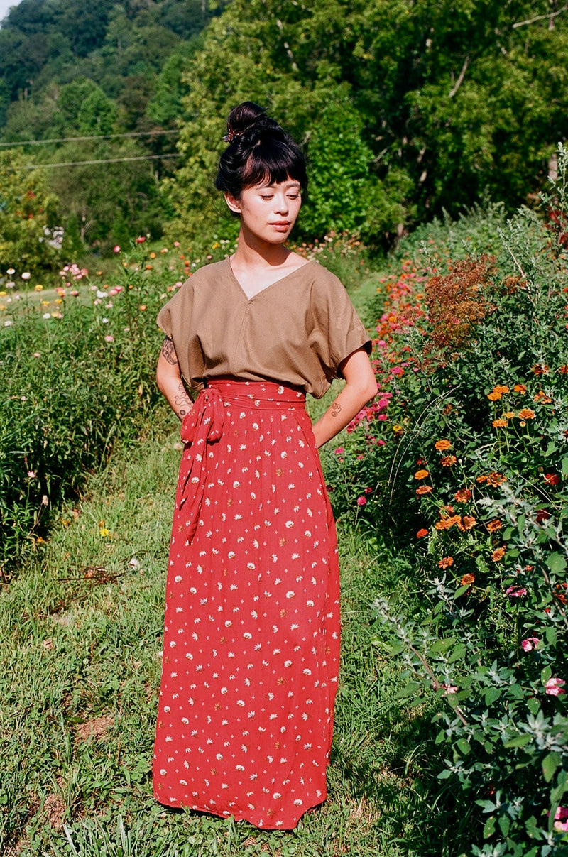 Maxi Wrap Skirt in Rust Floral Crepe