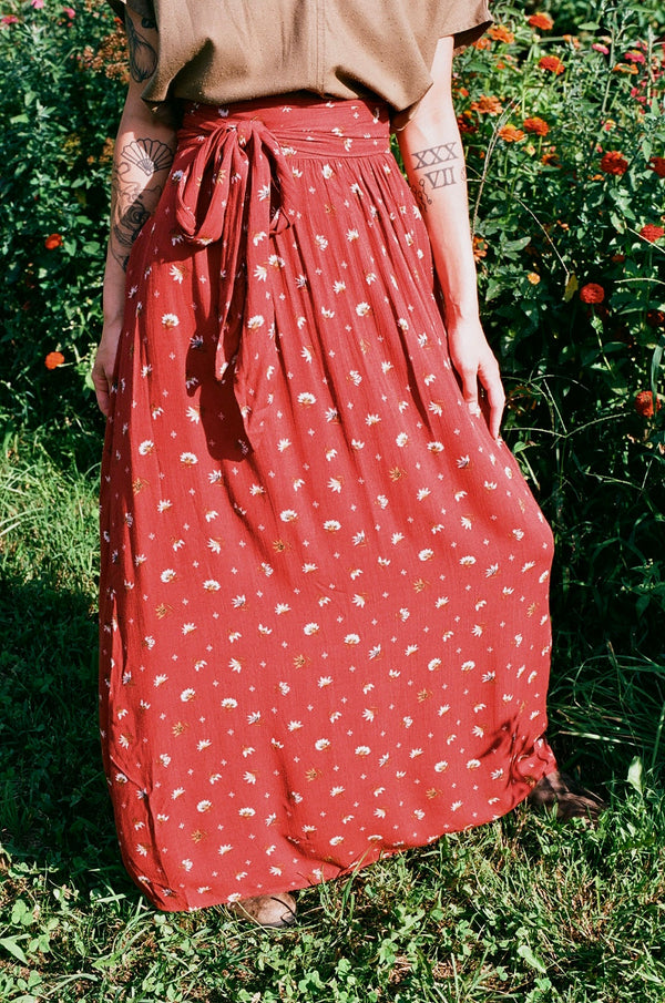 Maxi Wrap Skirt in Rust Floral Crepe