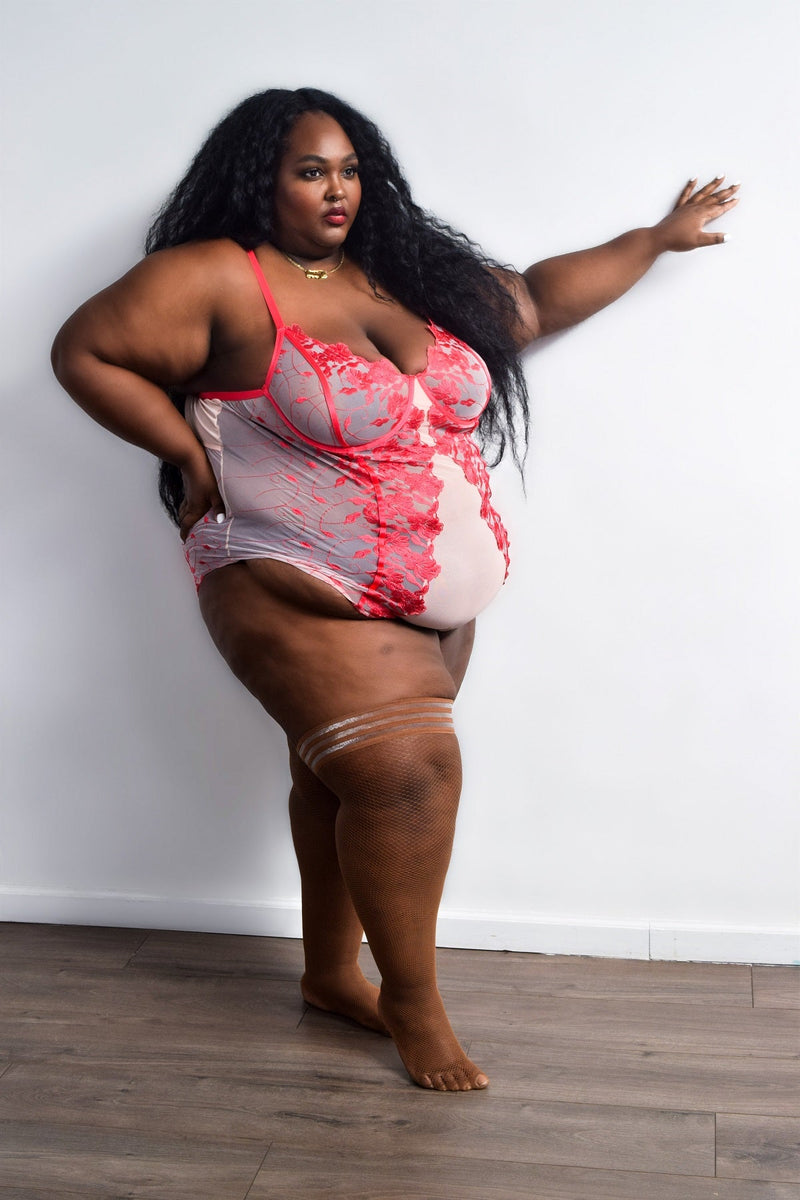 Andie Chocolate Fishnet Thigh Highs. Petite to Plus Size