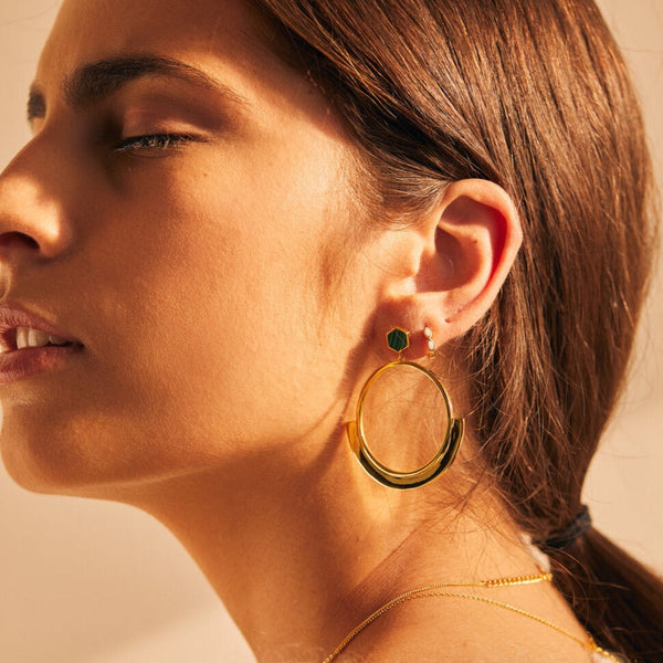 Hexagonal Malachite Gold Hoop Post Earrings