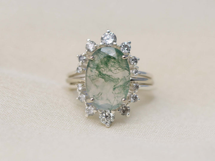 Supernova Bridal Set - Moss Agate and Salt and Pepper Diamonds