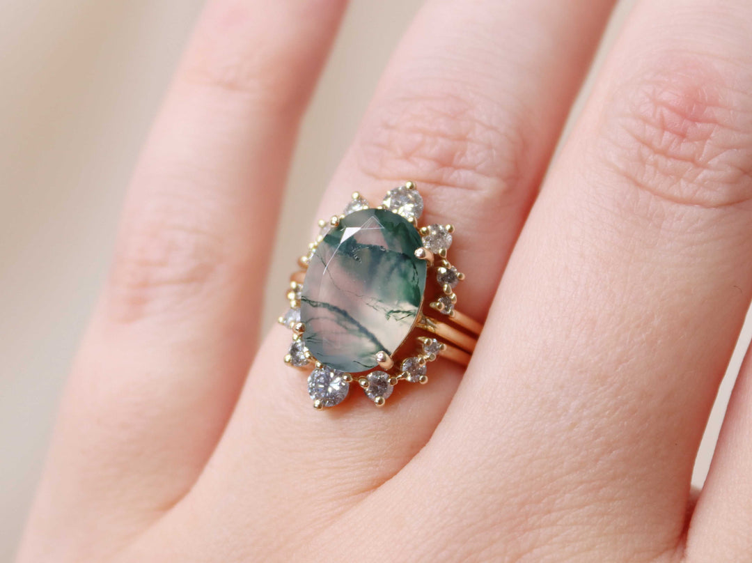 Supernova Bridal Set - Moss Agate and Salt and Pepper Diamonds