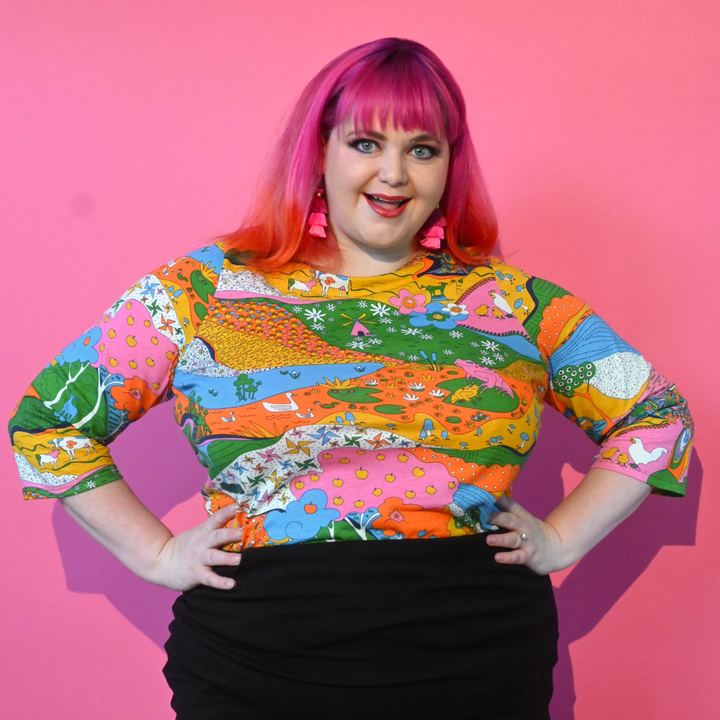 Landscape Print 3/4 Sleeve Tee in Rainbow Farm