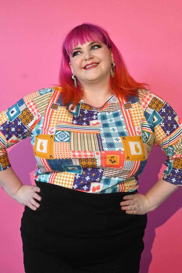 Patchwork 3/4 Sleeve Tee in Periwinkle Twinkle