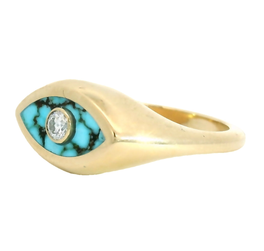 Marquise Signet Ring - Red Web Turquoise & White Diamond.