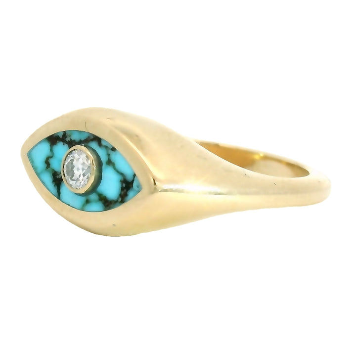 Marquise Signet Ring - Red Web Turquoise & White Diamond.