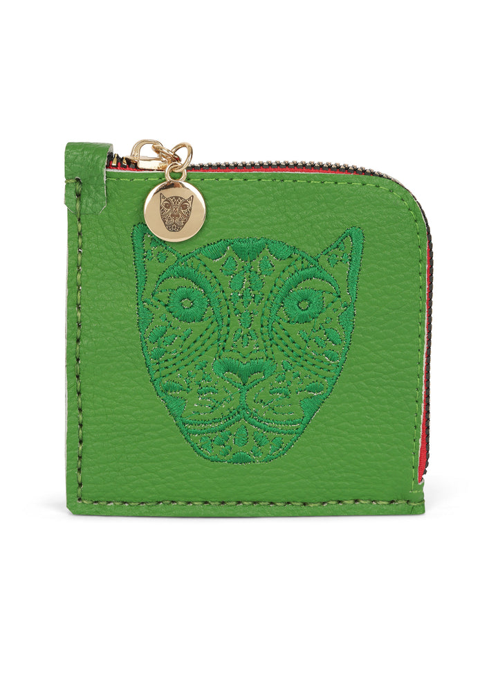 JAGUAR EMBROIDERED ZIP AROUND WALLET // GREEN