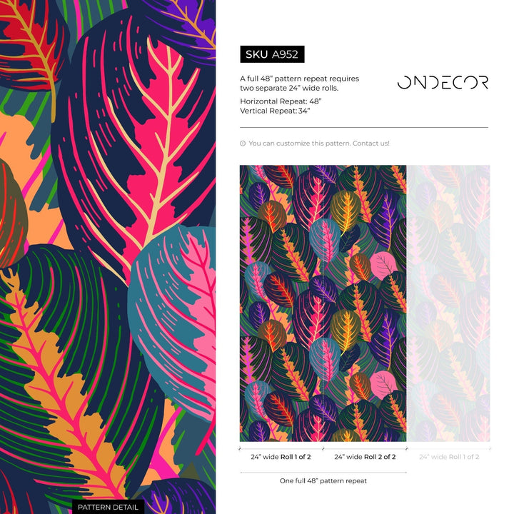Botanical Wallpaper with Stylized Tropical Leaves in Pink, Purple, and Orange - A952