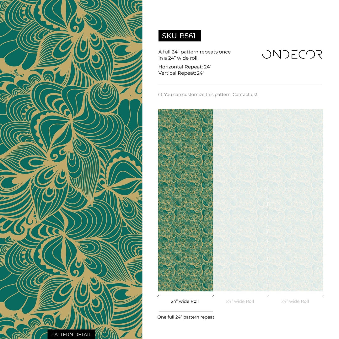 Abstract Wallpaper with Swirling Botanicals in Green and Gold - B561