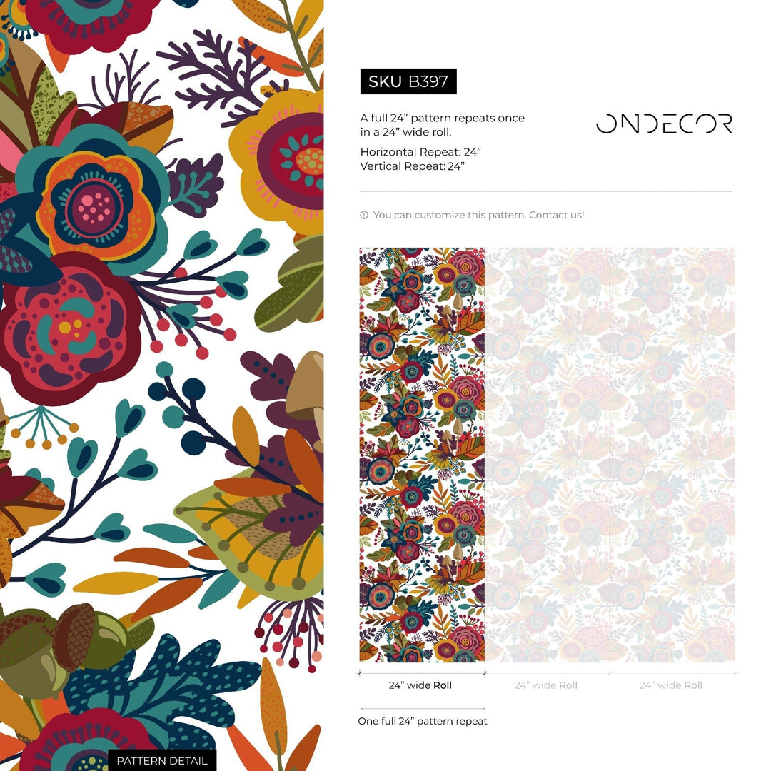Floral Wallpaper with a Folk Art Motif in Red, Teal, and Yellow - B397