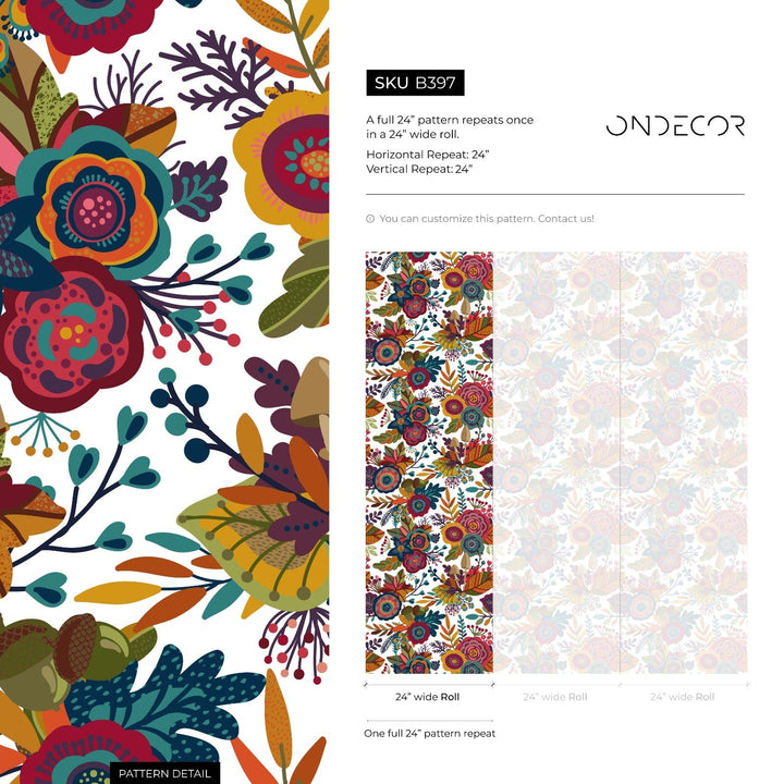 Floral Wallpaper with a Folk Art Motif in Red, Teal, and Yellow - B397