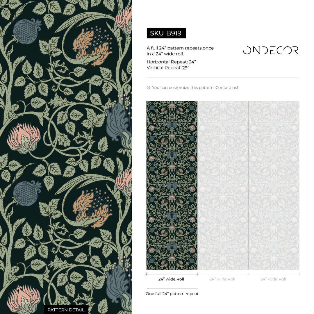 Art Nouveau Wallpaper with an Intricate Floral Damask in Green, Pink, and Blue - B919