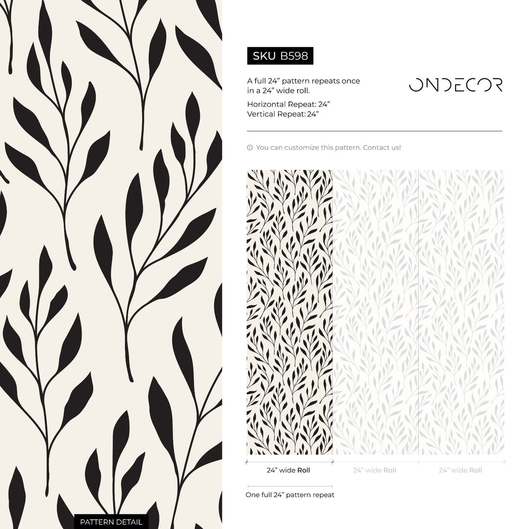 Botanical Wallpaper with Stylized Leafy Branches in Black and Beige - B598