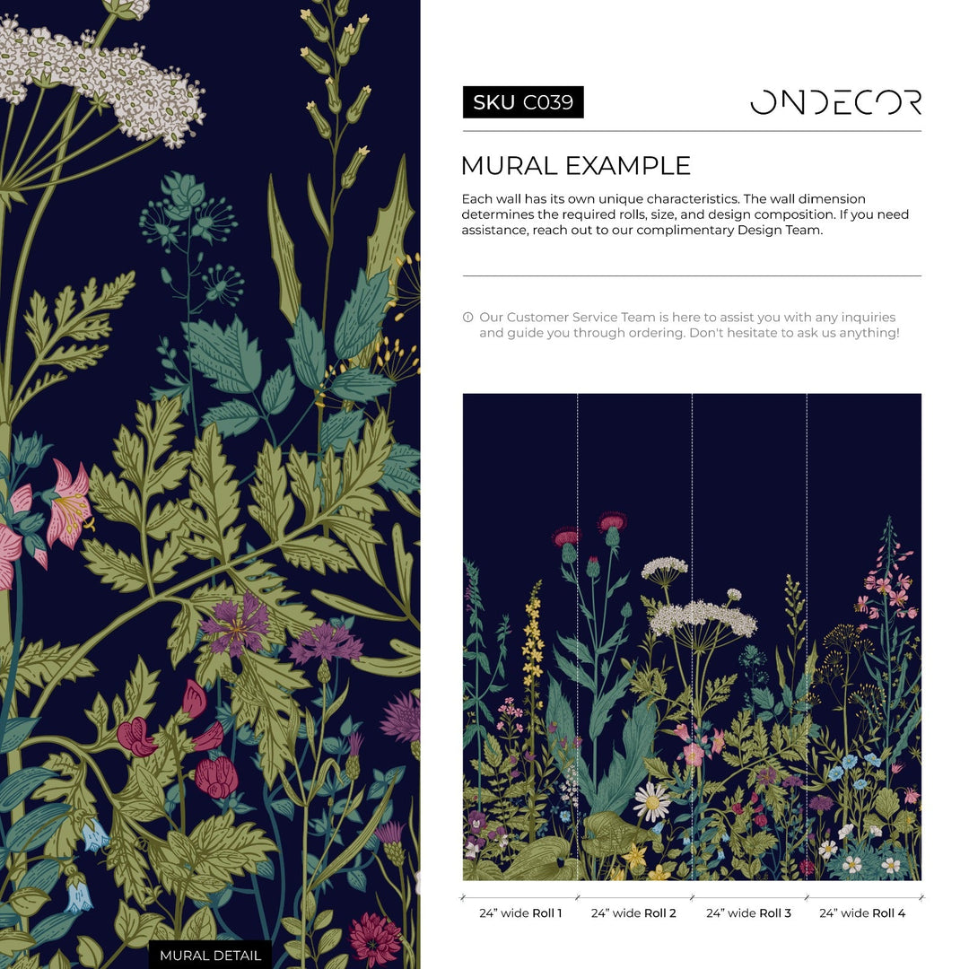 Botanical Wallpaper Featuring a Wildflower Meadow in Navy Blue, Green, and Pink - C039