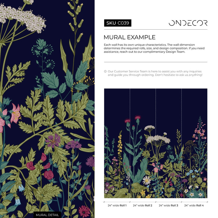 Botanical Wallpaper Featuring a Wildflower Meadow in Navy Blue, Green, and Pink - C039