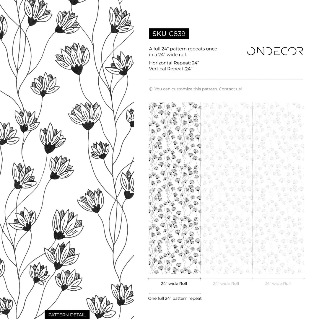 Floral Wallpaper with a Delicate Wildflower Motif in Black and White - C839