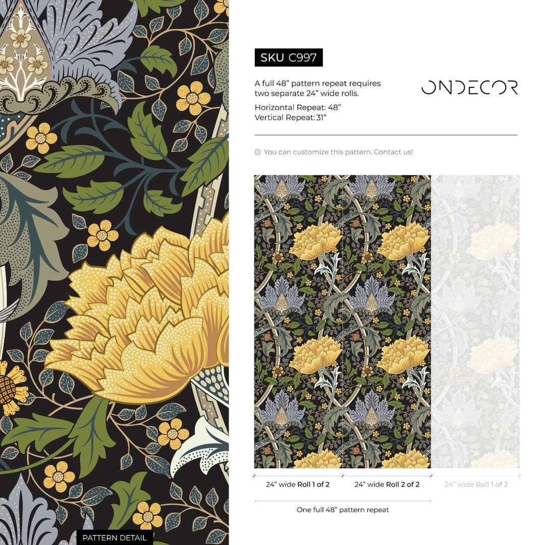 Arts and Crafts Wallpaper with a Floral Trellis in Yellow, Blue, and Green - C997