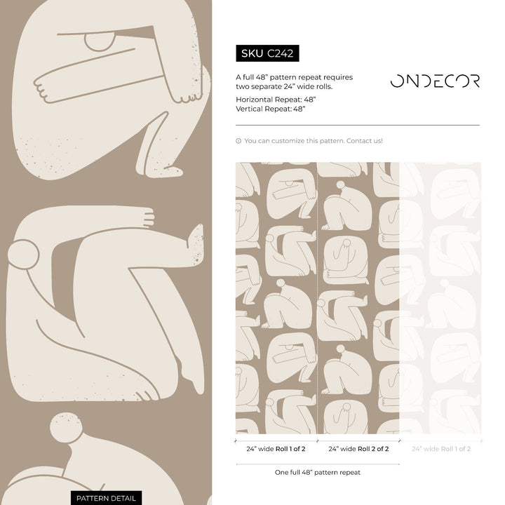 Abstract Wallpaper with Stylized Human Figures in Taupe and Beige - C242