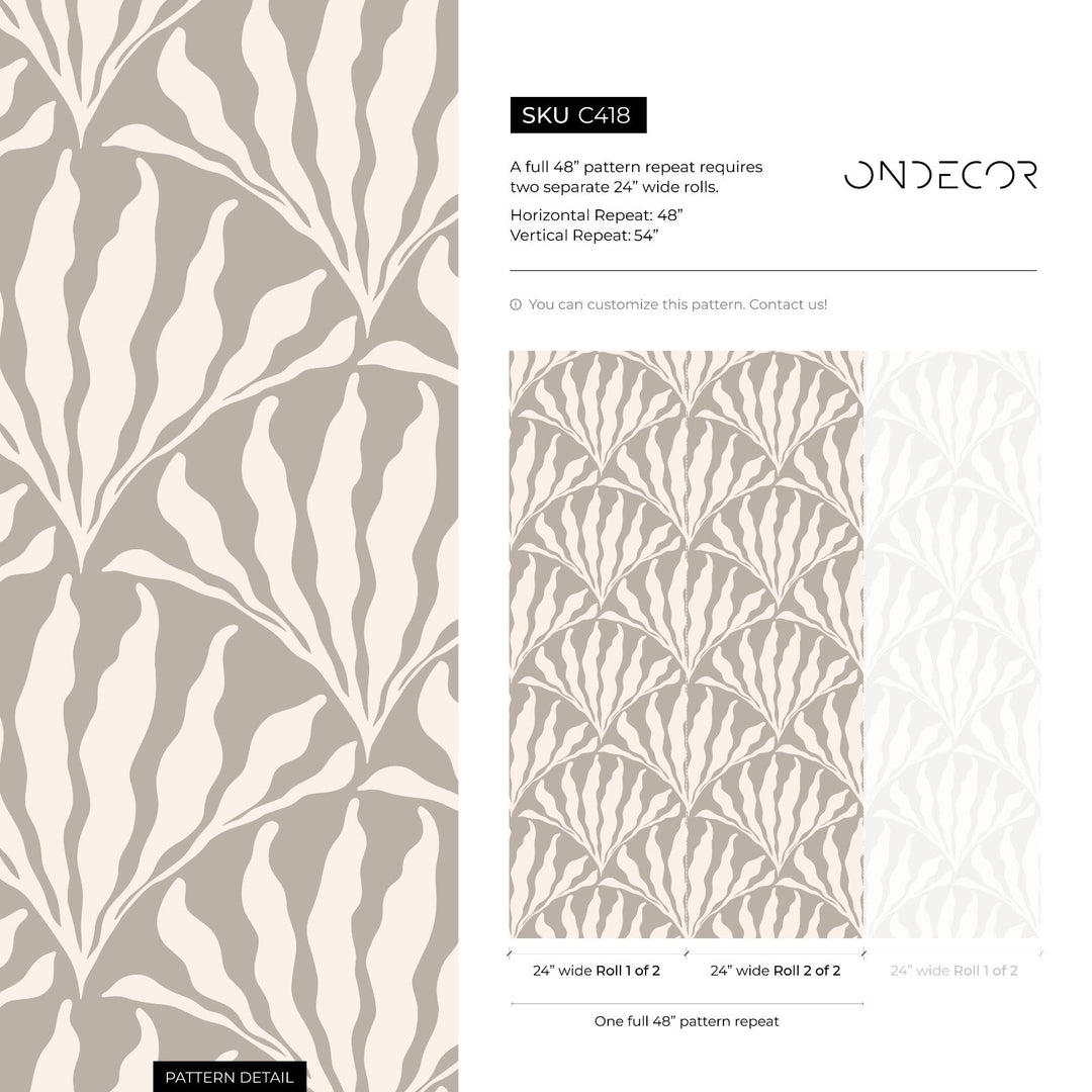 Art Deco Wallpaper with a Stylized Leaf Fan Motif in Grey and Cream - C418