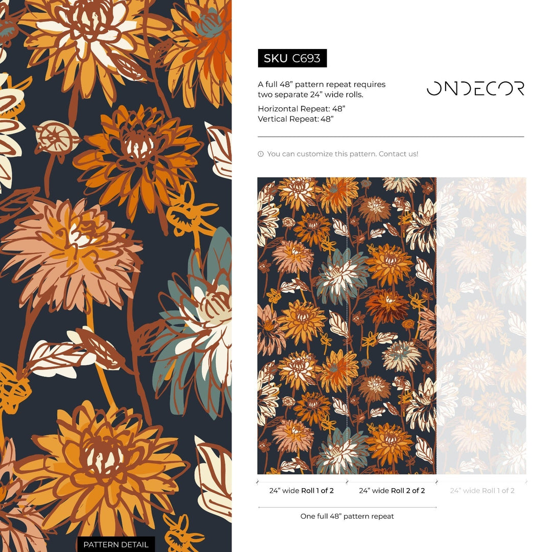 Floral Wallpaper with a Vintage Dahlia Motif in Orange, Yellow, and Blue - C693
