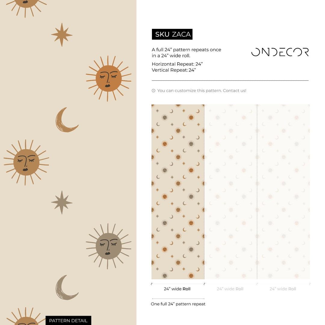 Celestial Wallpaper with Sun, Moon, and Stars in Orange, Brown, and Gray - ZACA