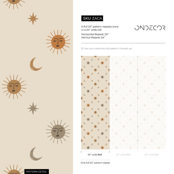 Celestial Wallpaper with Sun, Moon, and Stars in Orange, Brown, and Gray - ZACA
