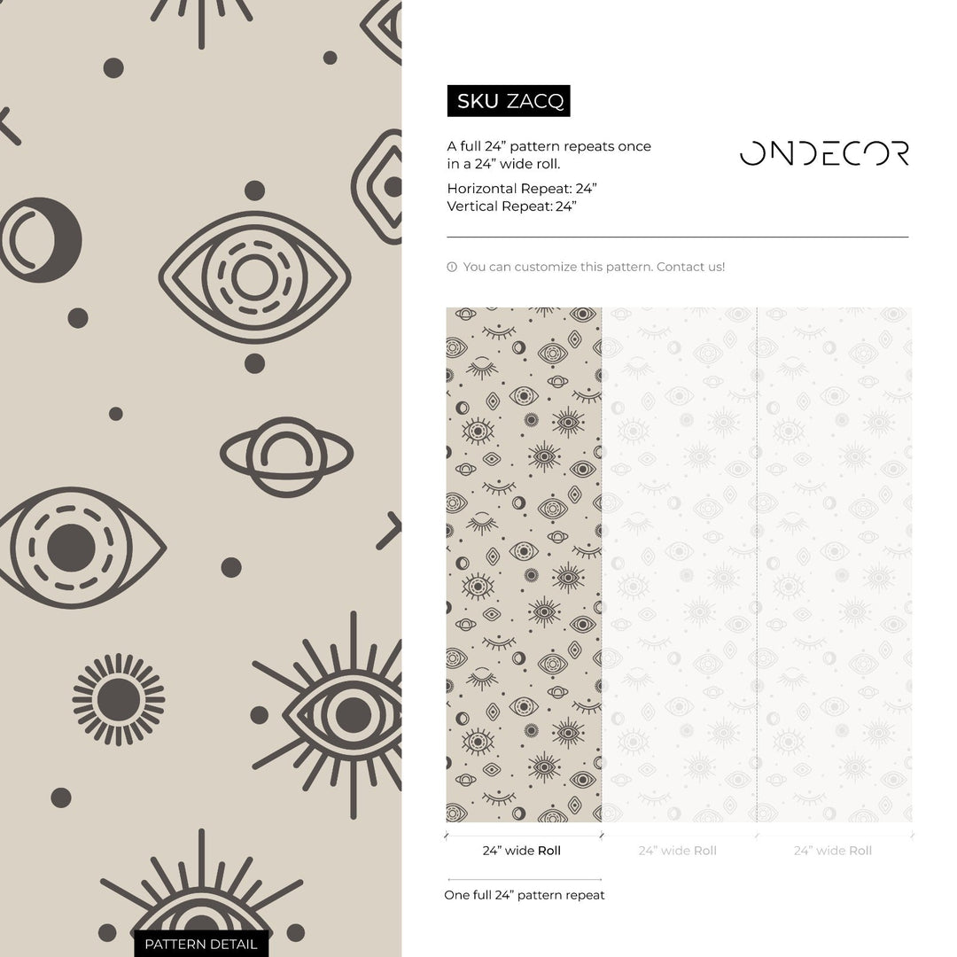 Celestial Wallpaper with Mystical Eye and Moon Motifs in Charcoal and Beige - ZACQ