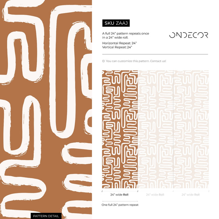 Abstract Wallpaper with a Bohemian Brush Stroke Motif in Brown and White - ZAAJ