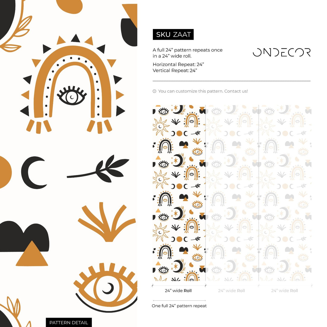 Celestial Wallpaper with Mystical Sun and Moon Motifs in Black and Gold - ZAAT