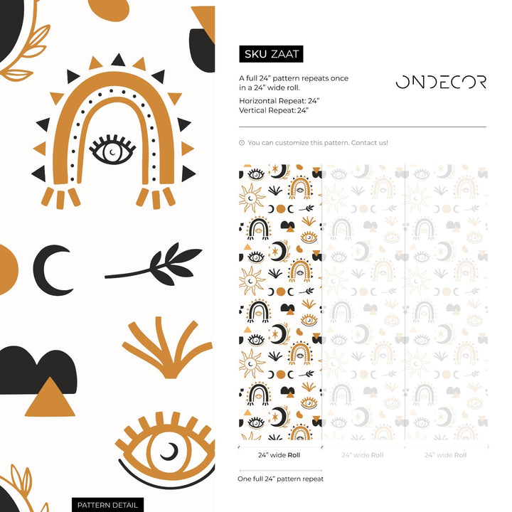 Celestial Wallpaper with Mystical Sun and Moon Motifs in Black and Gold - ZAAT